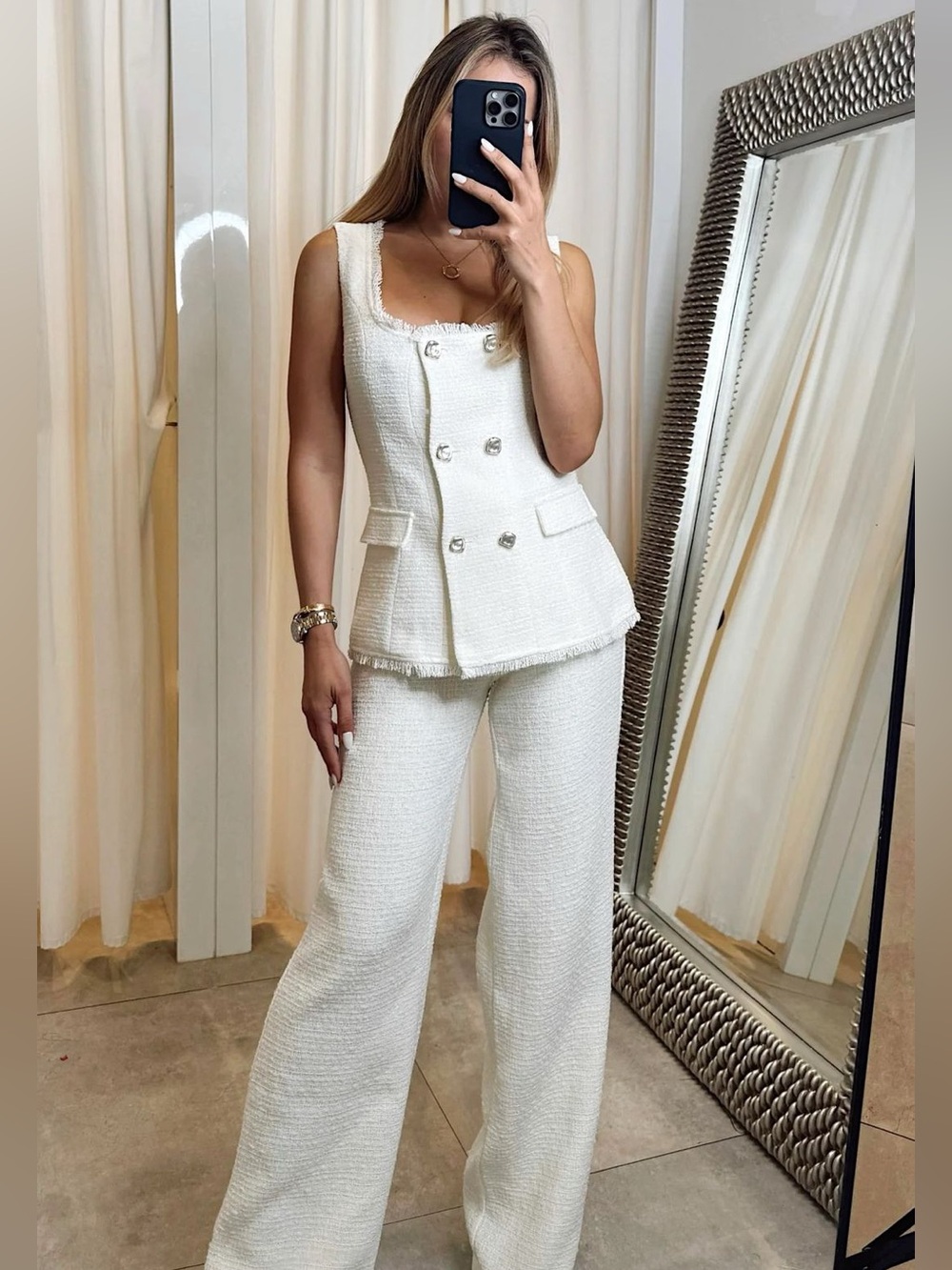Zara 2 piece matching SET ivory textured tweed rhinestone button vest & pants